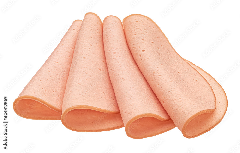 Boiled ham sausage slices isolated on white background, full depth of field