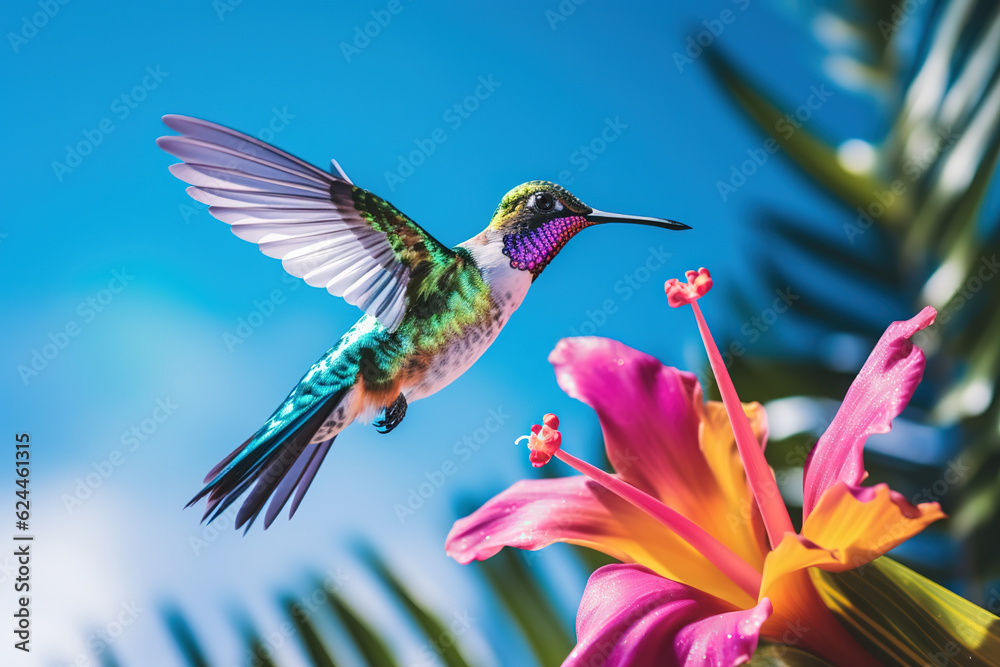 Hummingbird flying to pick up nectar from a beautiful flower. 