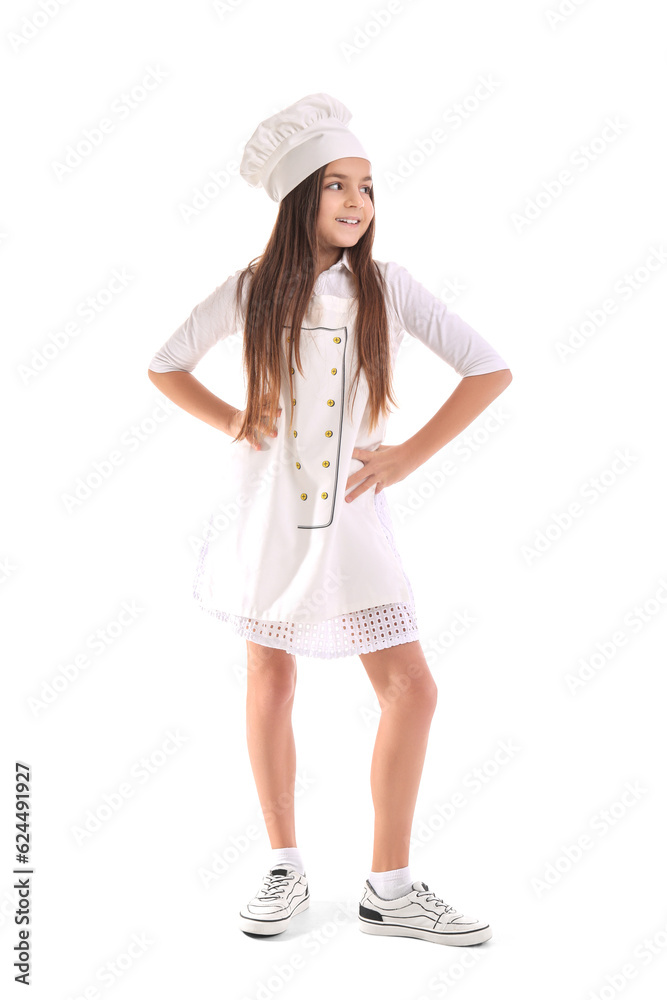 Little baker in uniform on white background