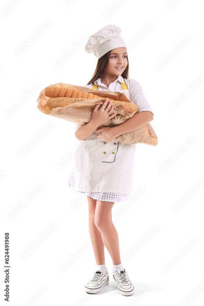 Little baker with fresh baguettes on white background