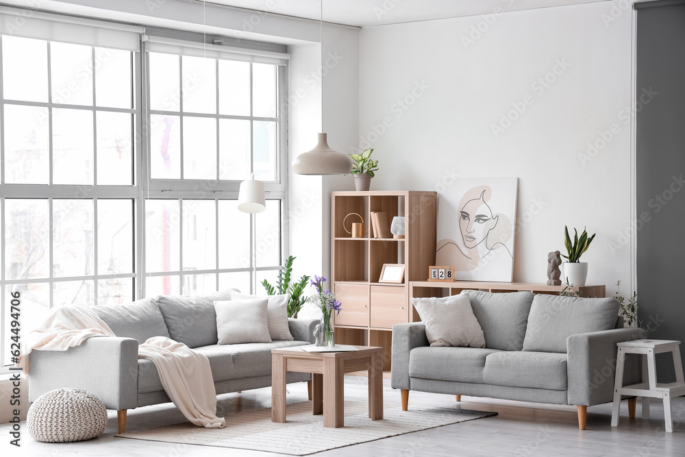 Interior of light living room with grey sofas and big window