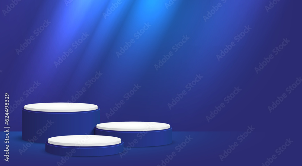 Realistic blue cylinder podium background. Minimal mockup scene, product display, stage showcase. Ge