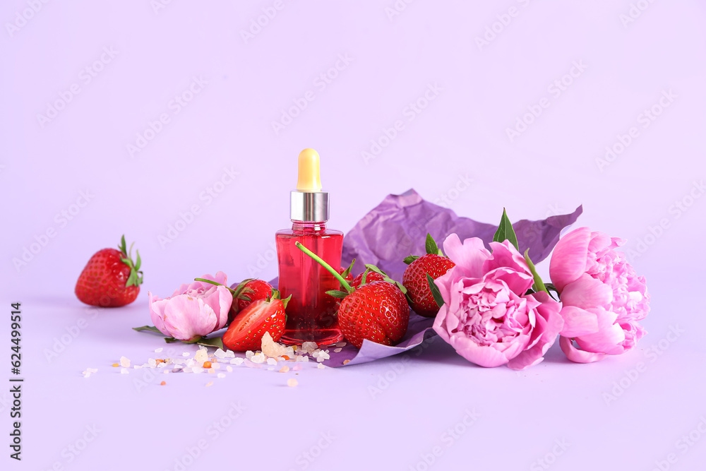 Composition with bottle of essential oil, strawberry and peony flowers on color background