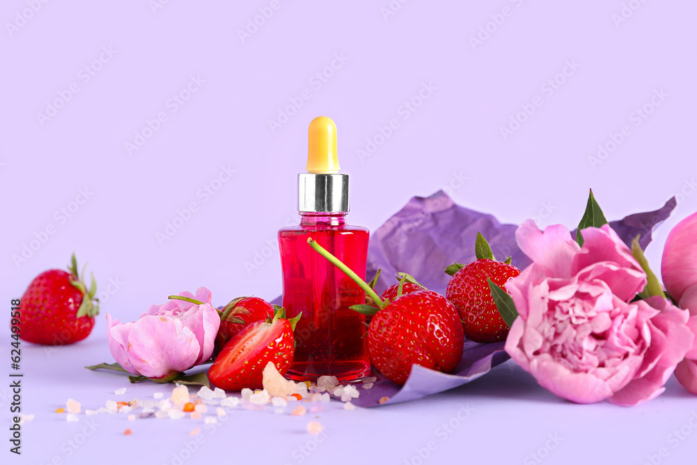 Composition with bottle of essential oil, strawberry and peony flowers on color background