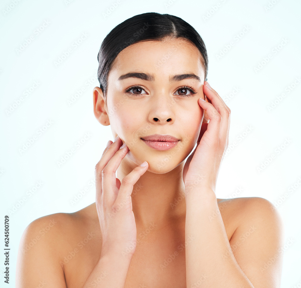 Face, beauty skincare and woman in studio isolated on a white background. Portrait, natural aestheti