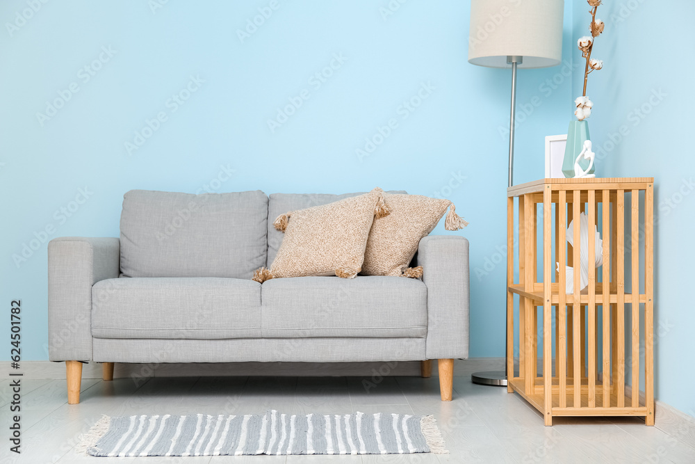 Interior of living room with sofa, lamp and shelf unit