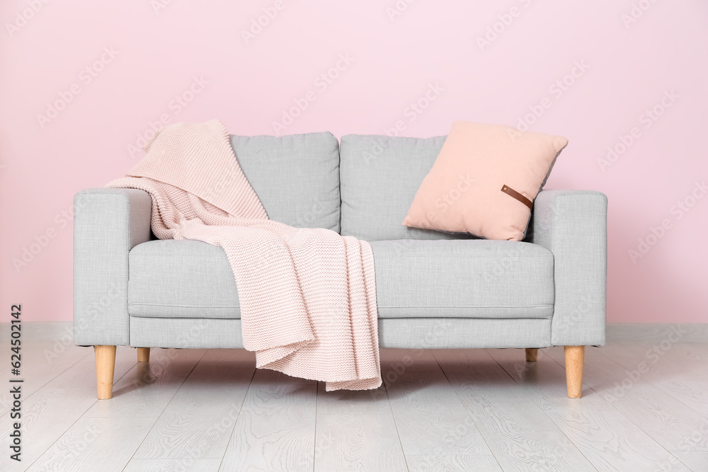 Interior of living room with sofa near pink wall