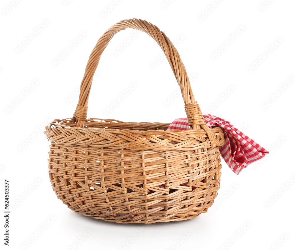 Picnic basket with napkin isolated on white background