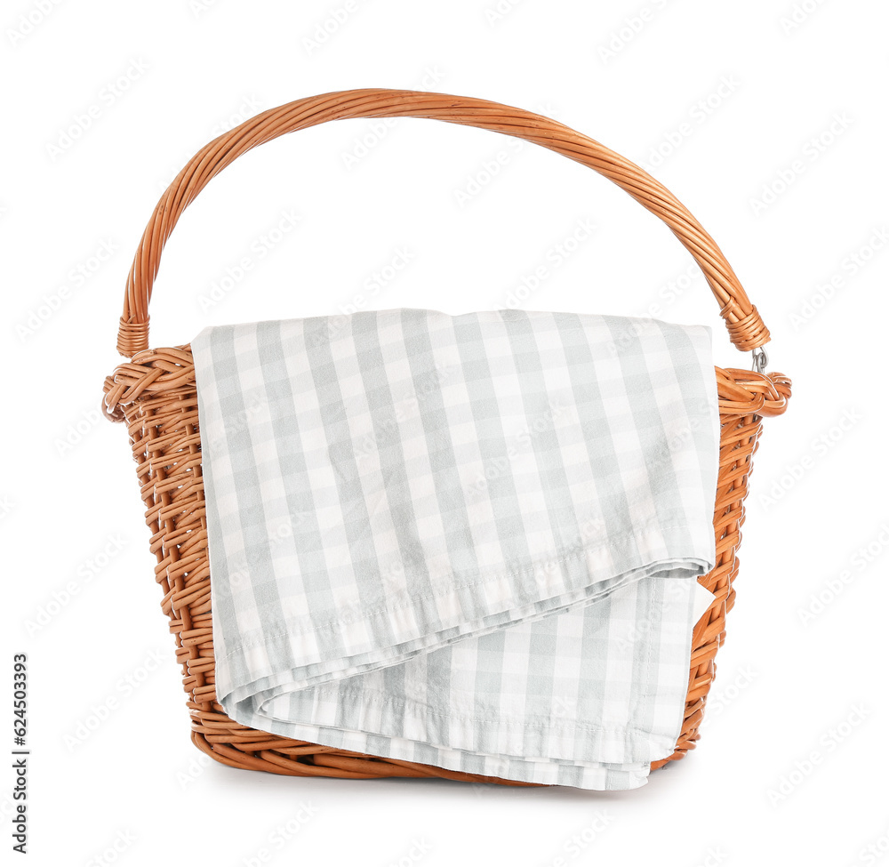 Wicker picnic basket with clean napkin isolated on white background