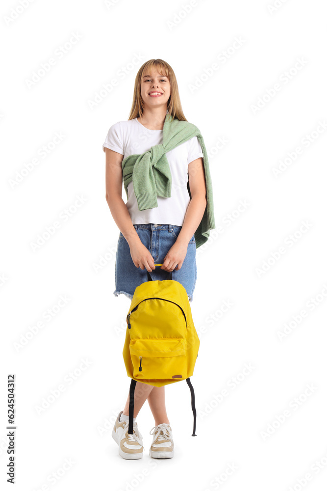 Female student with backpack on white background