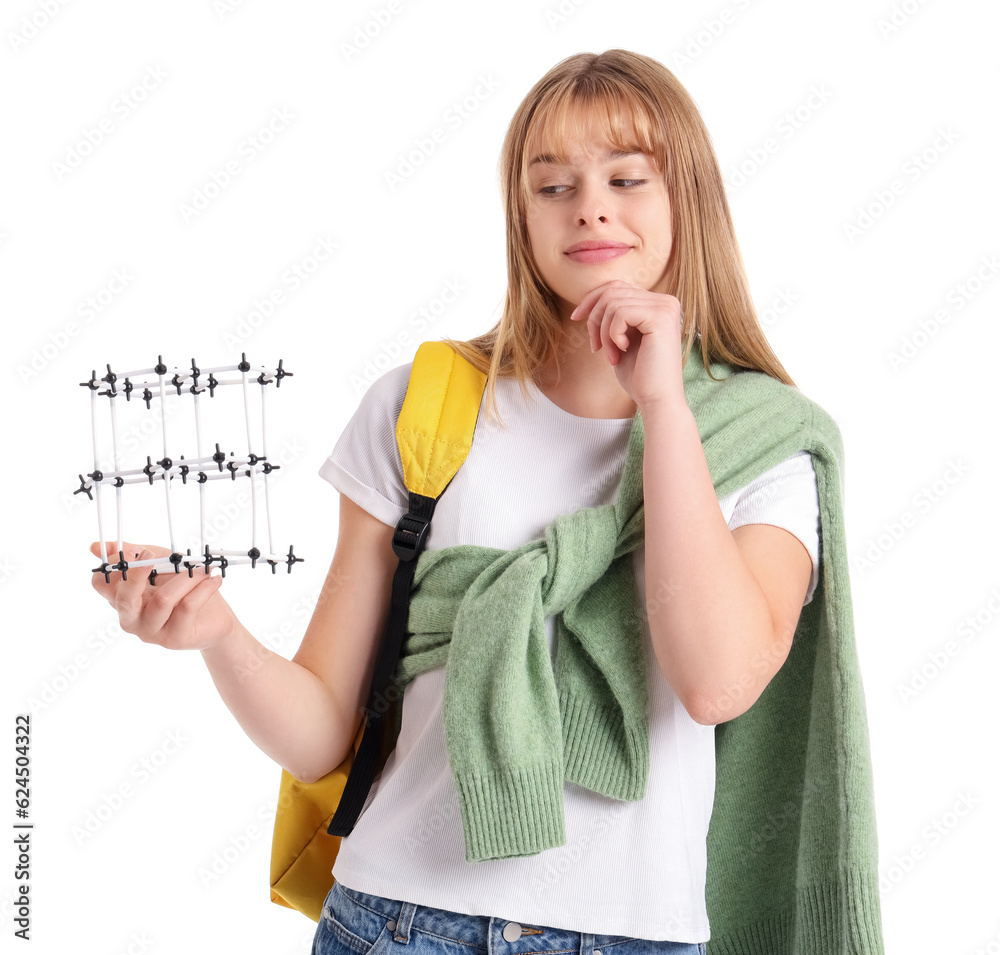 Female student with molecular model on white background