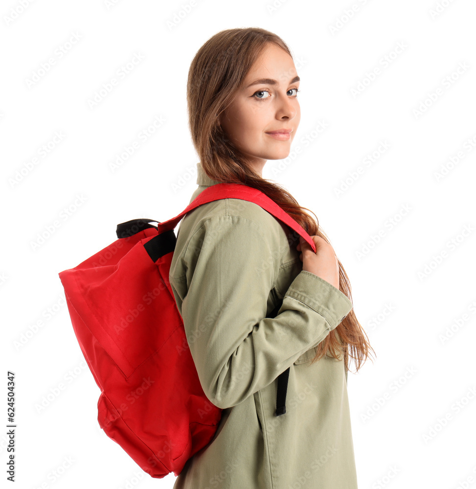 Female student with backpack on white background