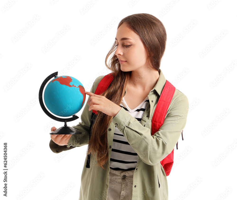 Female student with globe on white background