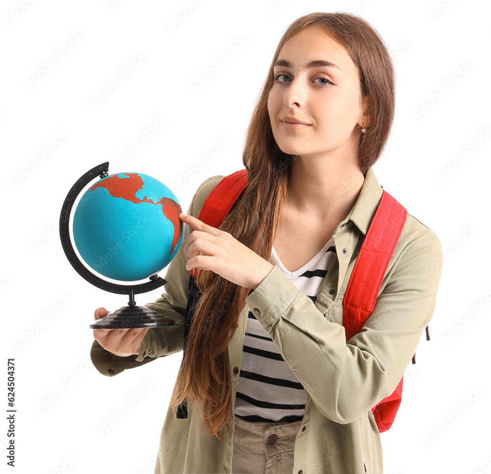 Female student with globe on white background