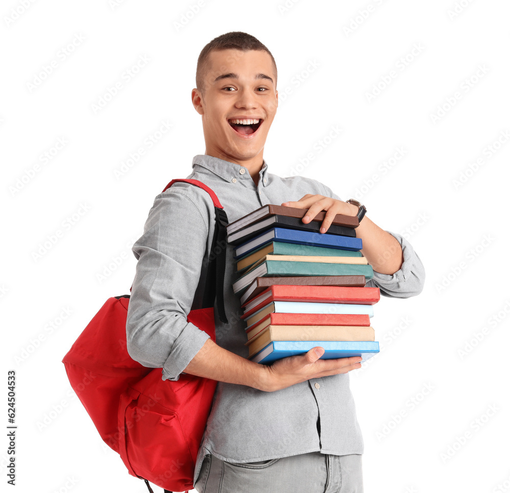 Male student with books on white background