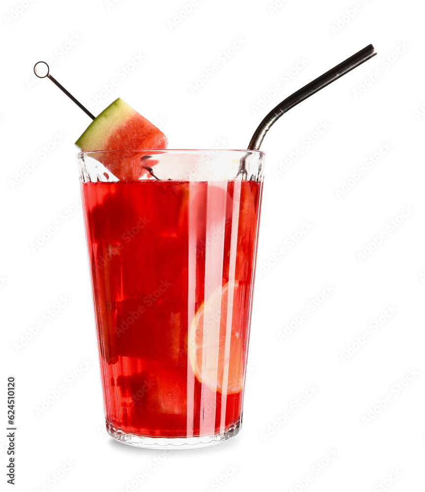 Glass of fresh watermelon lemonade on white background