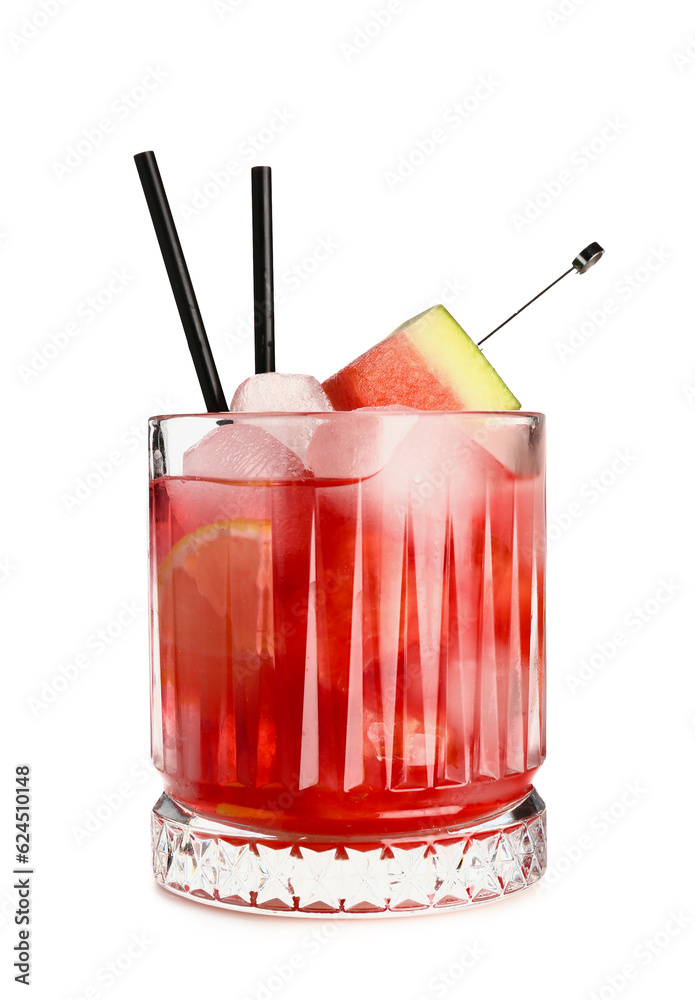 Glass of fresh watermelon lemonade on white background