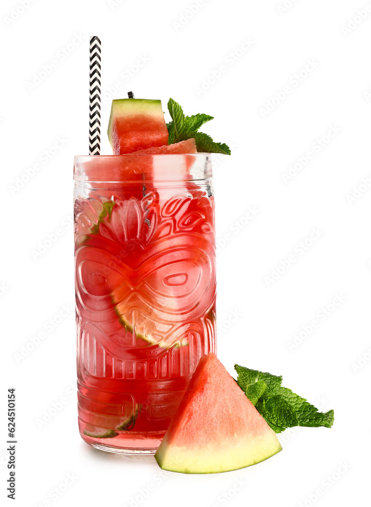 Glass of fresh watermelon lemonade and mint on white background