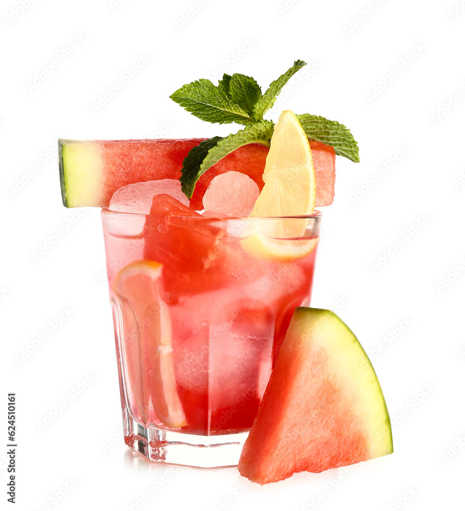 Glass of fresh watermelon lemonade and mint on white background