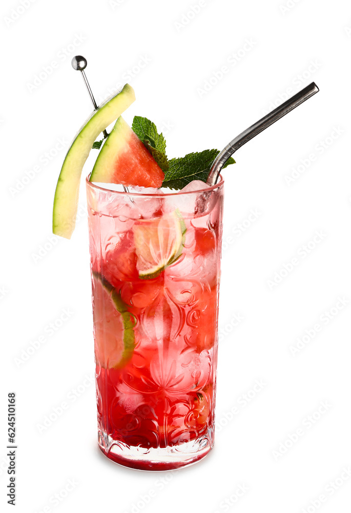 Glass of fresh watermelon lemonade and mint on white background