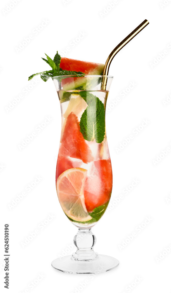 Glass of fresh watermelon lemonade and mint on white background