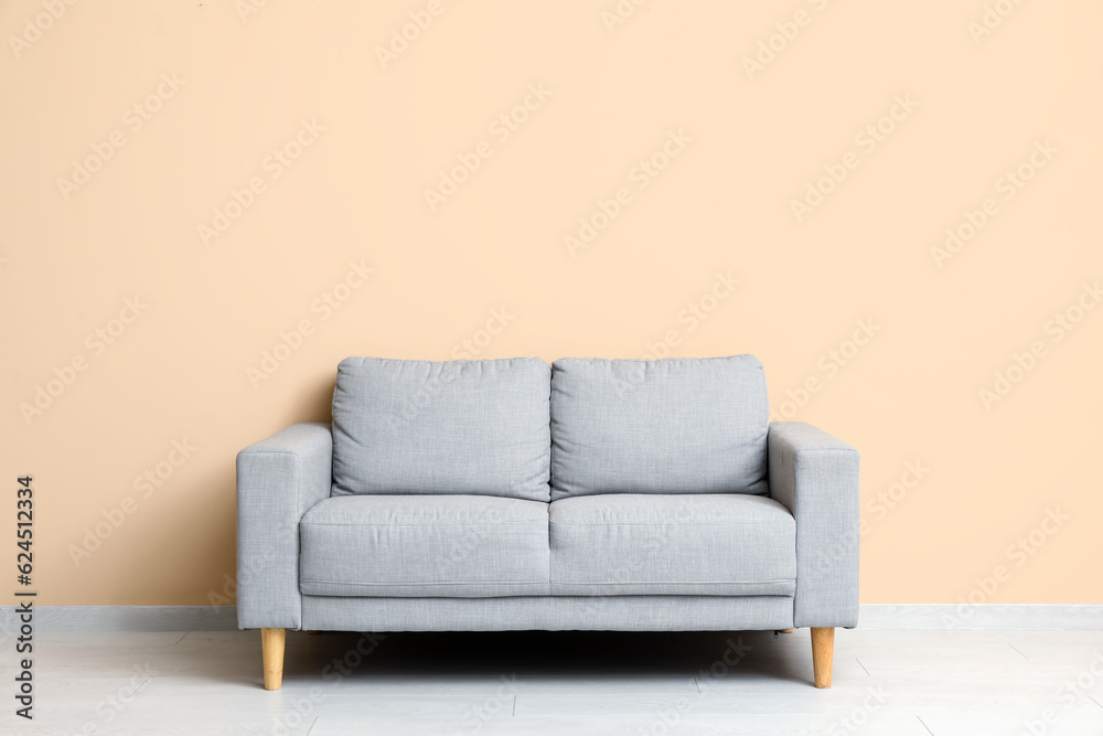 Cozy grey sofa near beige wall