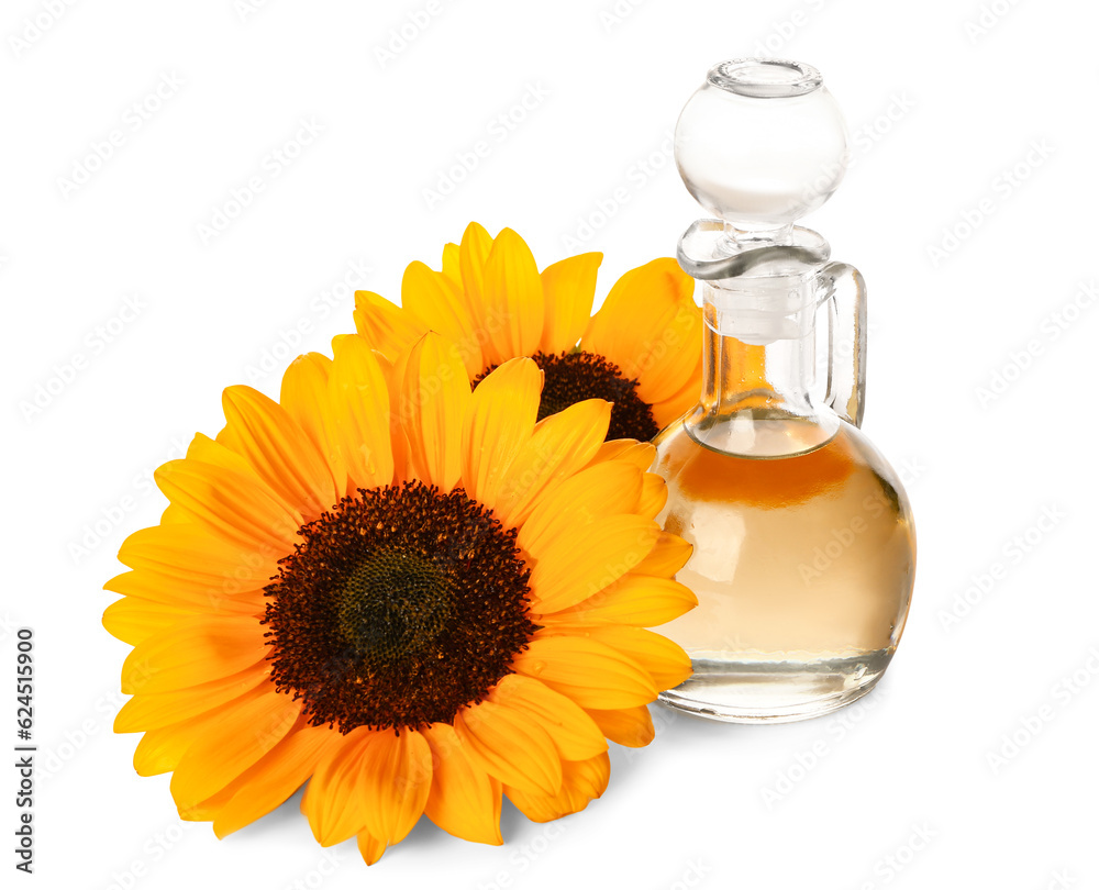 Decanter with sunflower oil on white background