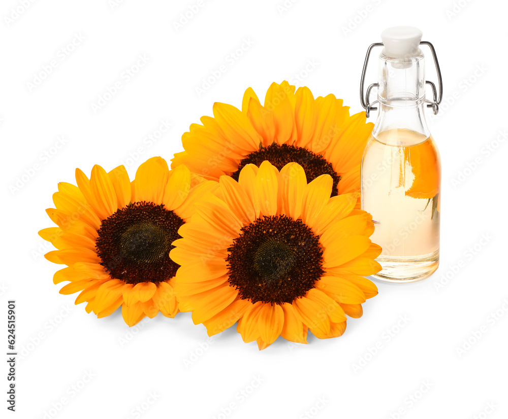 Bottle of sunflower oil on white background