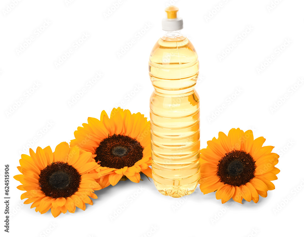 Bottle of sunflower oil on white background