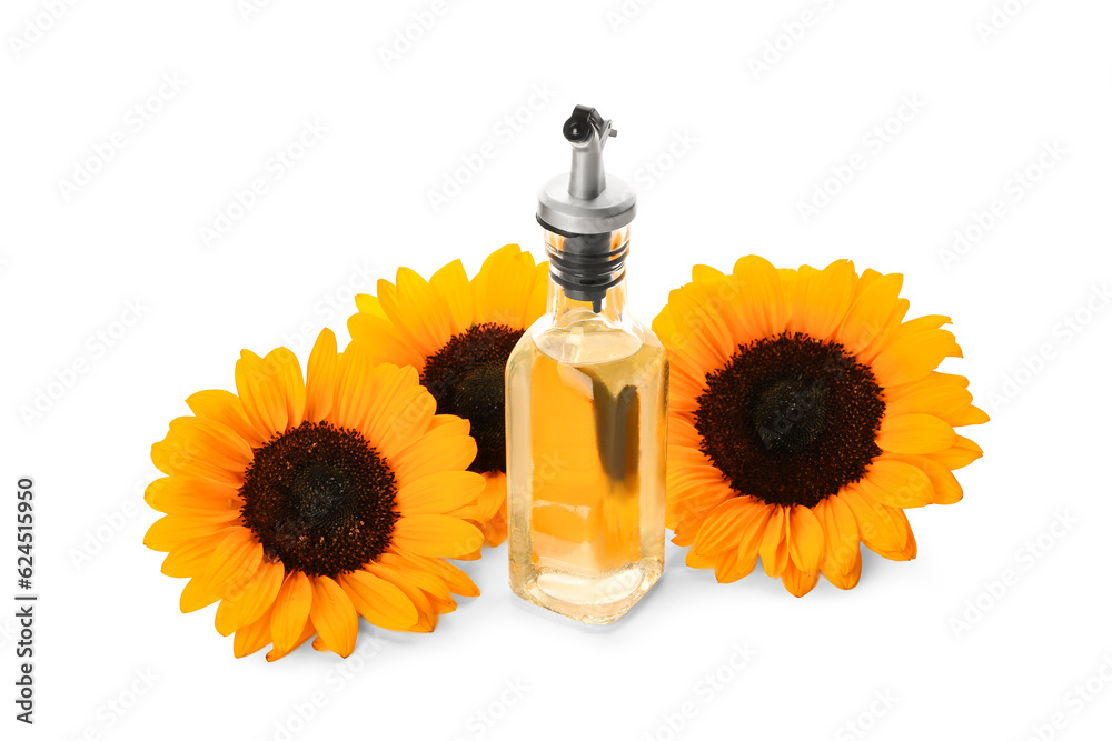 Bottle of sunflower oil on white background