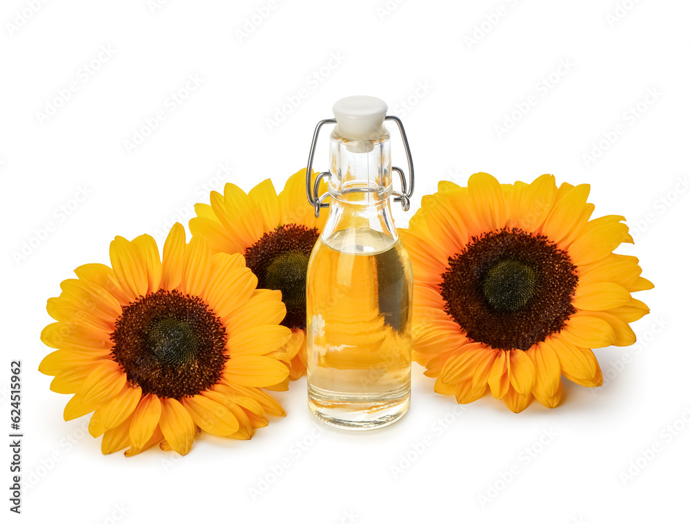 Bottle of sunflower oil on white background