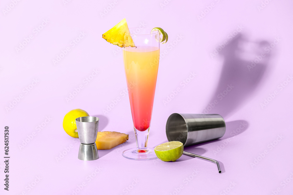 Glass of tasty mai tai cocktail on lilac background