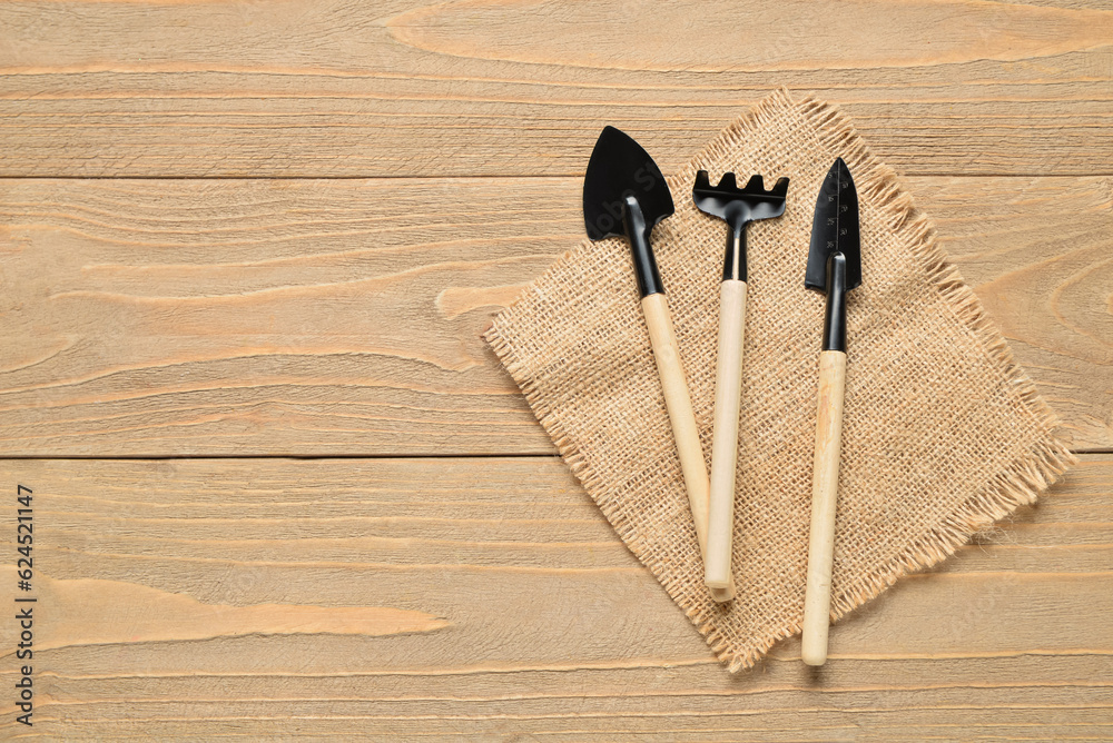 Gardening rake and shovels on wooden background