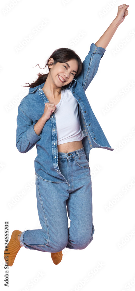 Elegant young Asian woman raises her arm and leg in a studio shot, expressing happiness and success 