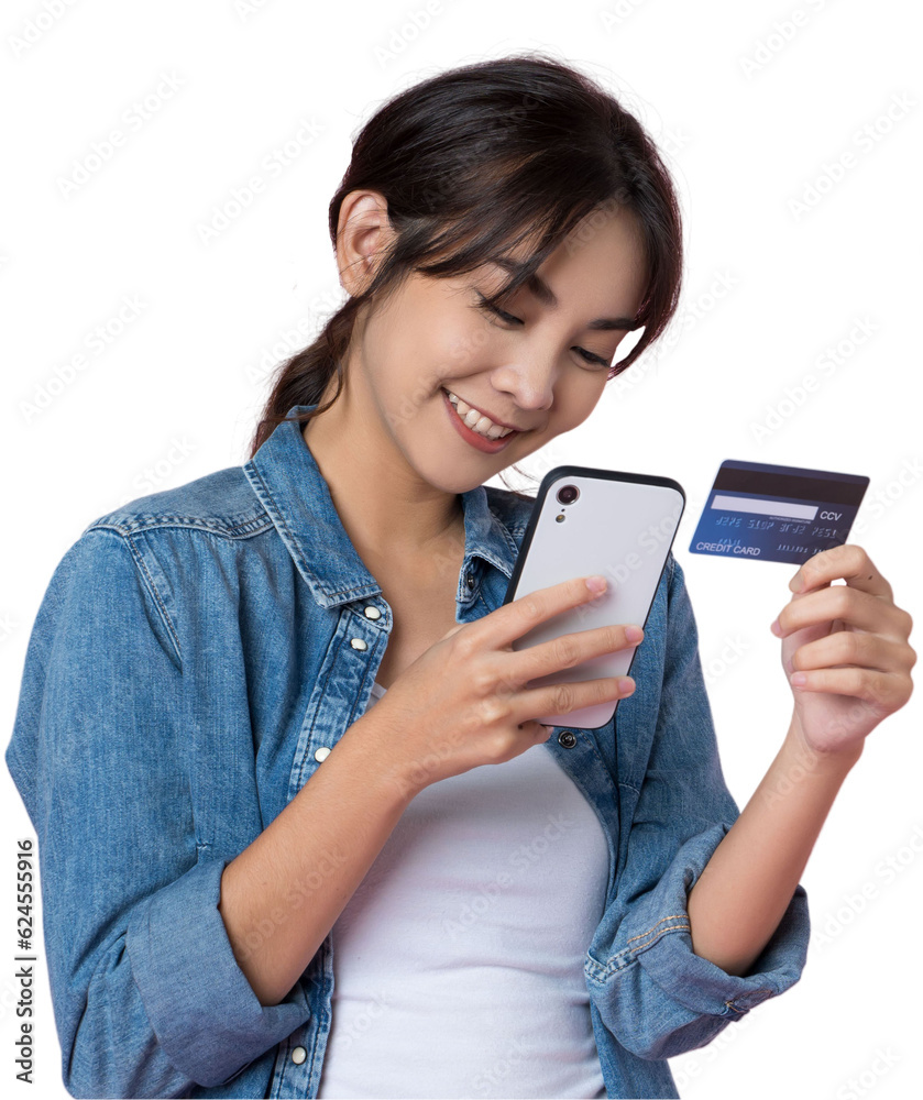 Young beauty Asian woman shopping payment online with credit card on smartphone and she wearing jean