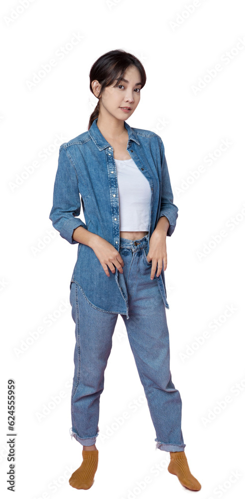 Full length portrait of young beautiful Asian woman in blue jeans jacket isolated background