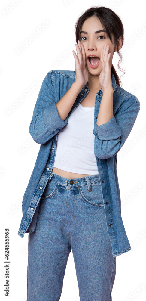 Young Asian woman doing a shocked surprise gesture shouting with hands cupped around mouth isolated 