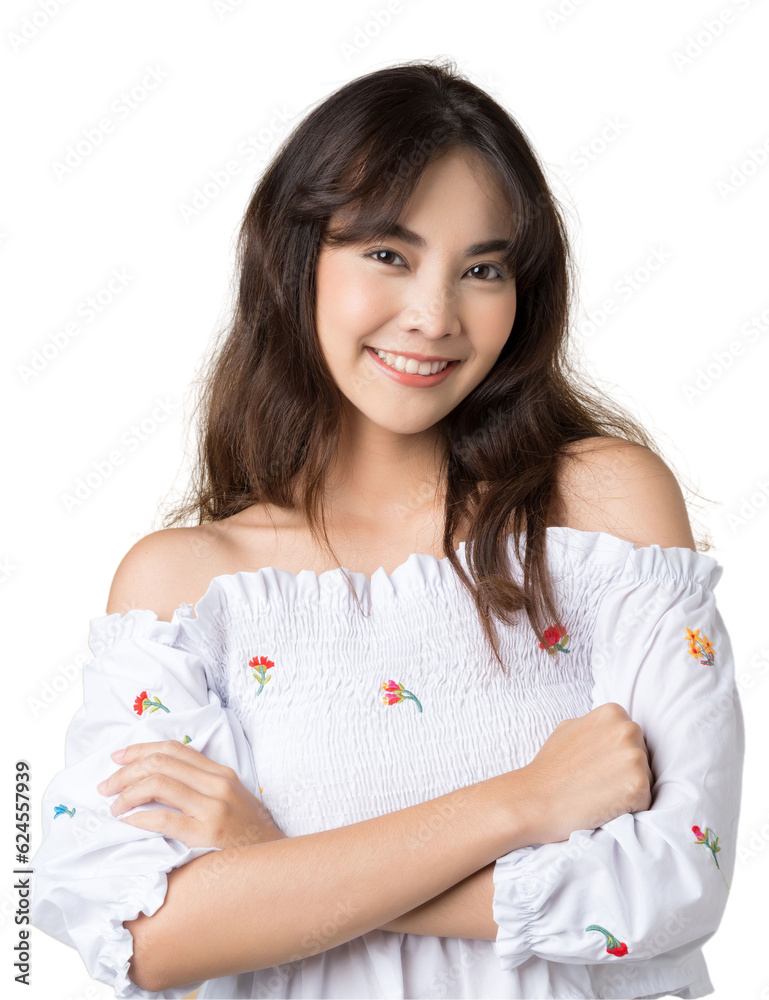 Portrait young Asian woman in cute dress isolated background.