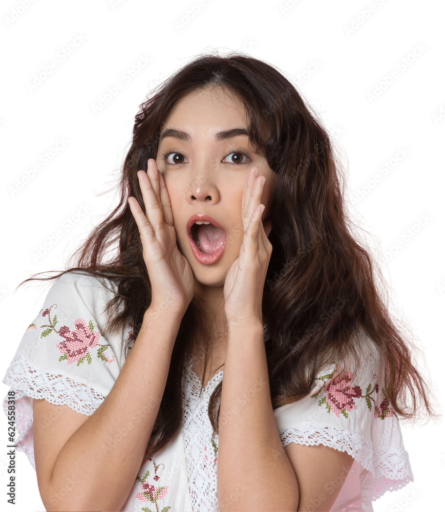 Young Asian woman doing a shocked surprise gesture shouting with hands cupped around mouth isolated 