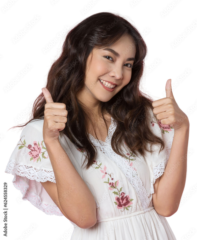 Young Asian woman showing two hands with thumbs up on isolated background