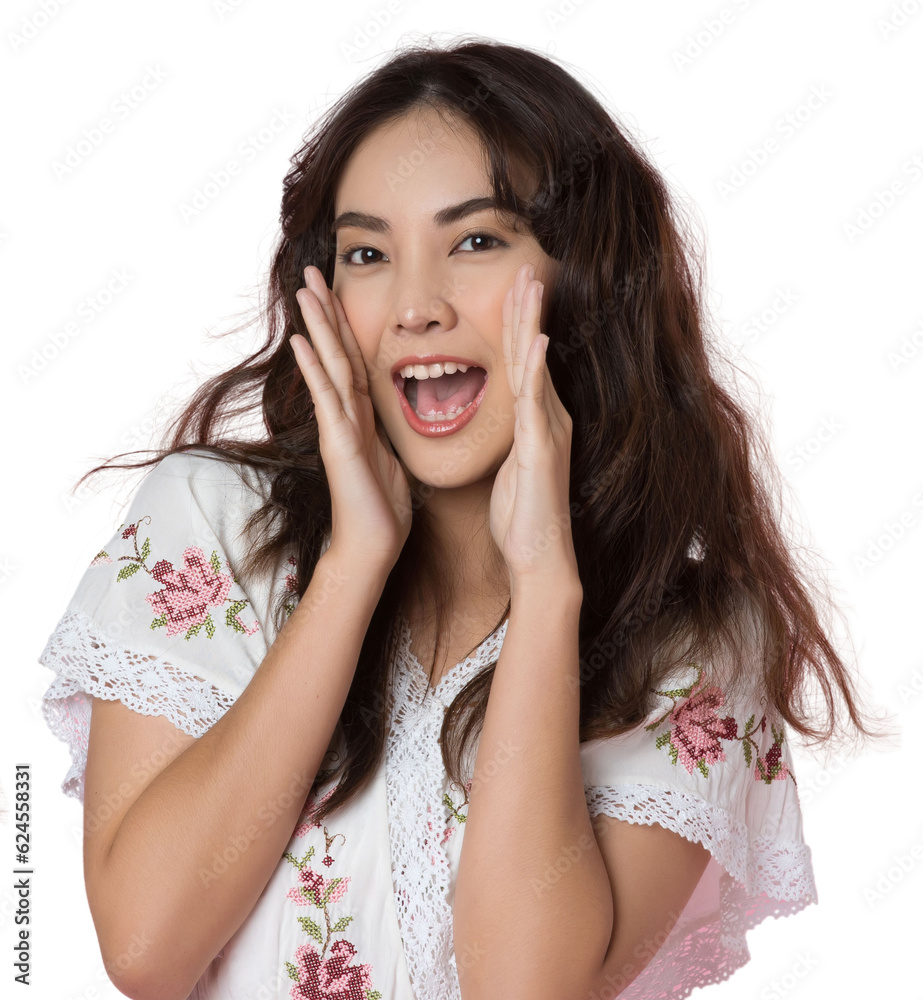 Young Asian woman doing a shocked surprise gesture shouting with hands cupped around mouth isolated 