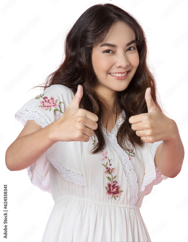 Young Asian woman showing two hands with thumbs up on isolated background