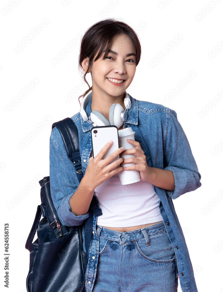 Portrait of young Asian woman student standing with smartphone coffee and backpack.College Teenager 