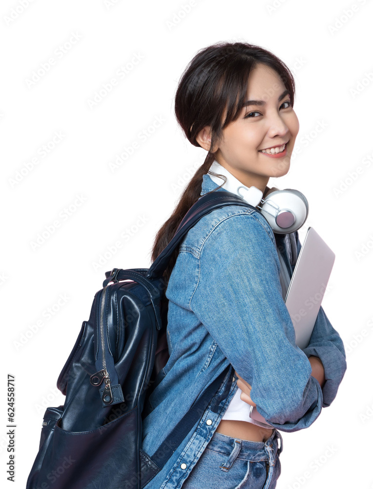 Portrait of young Asian woman student standing with smartphone coffee and backpack.College Teenager 