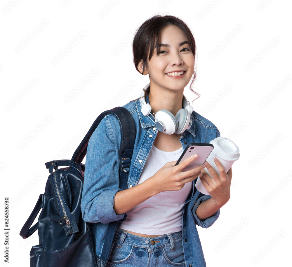 Portrait of young Asian woman student standing with smartphone coffee and backpack.College Teenager 