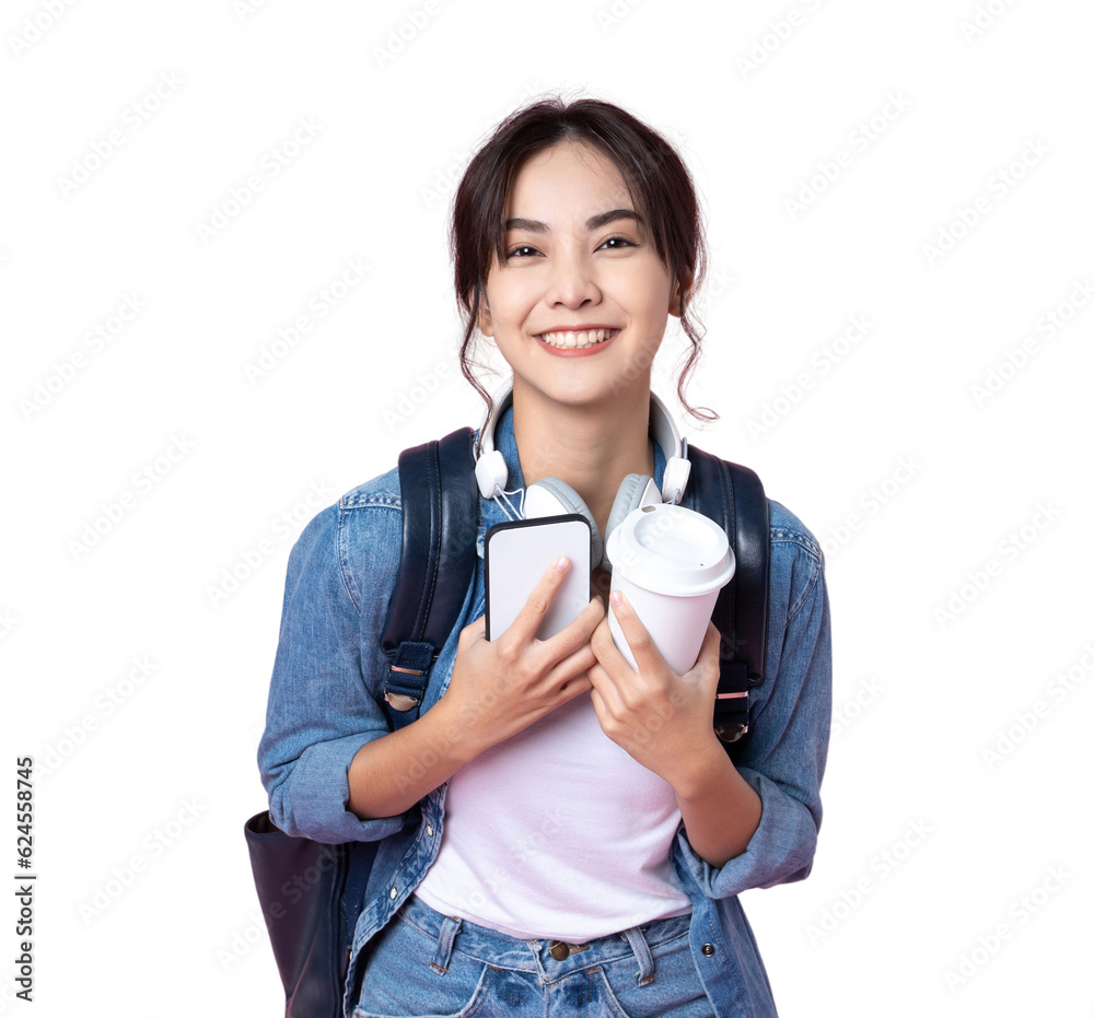 Portrait of young Asian woman student standing with smartphone coffee and backpack.College Teenager 