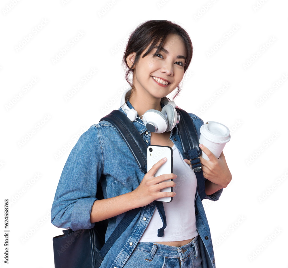 Portrait of young Asian woman student standing with smartphone coffee and backpack.College Teenager 