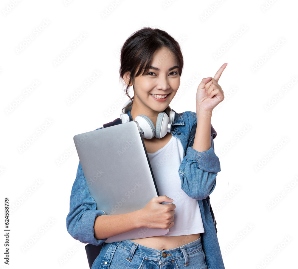 Young Asian woman texting message using mobile phone application on isolated background