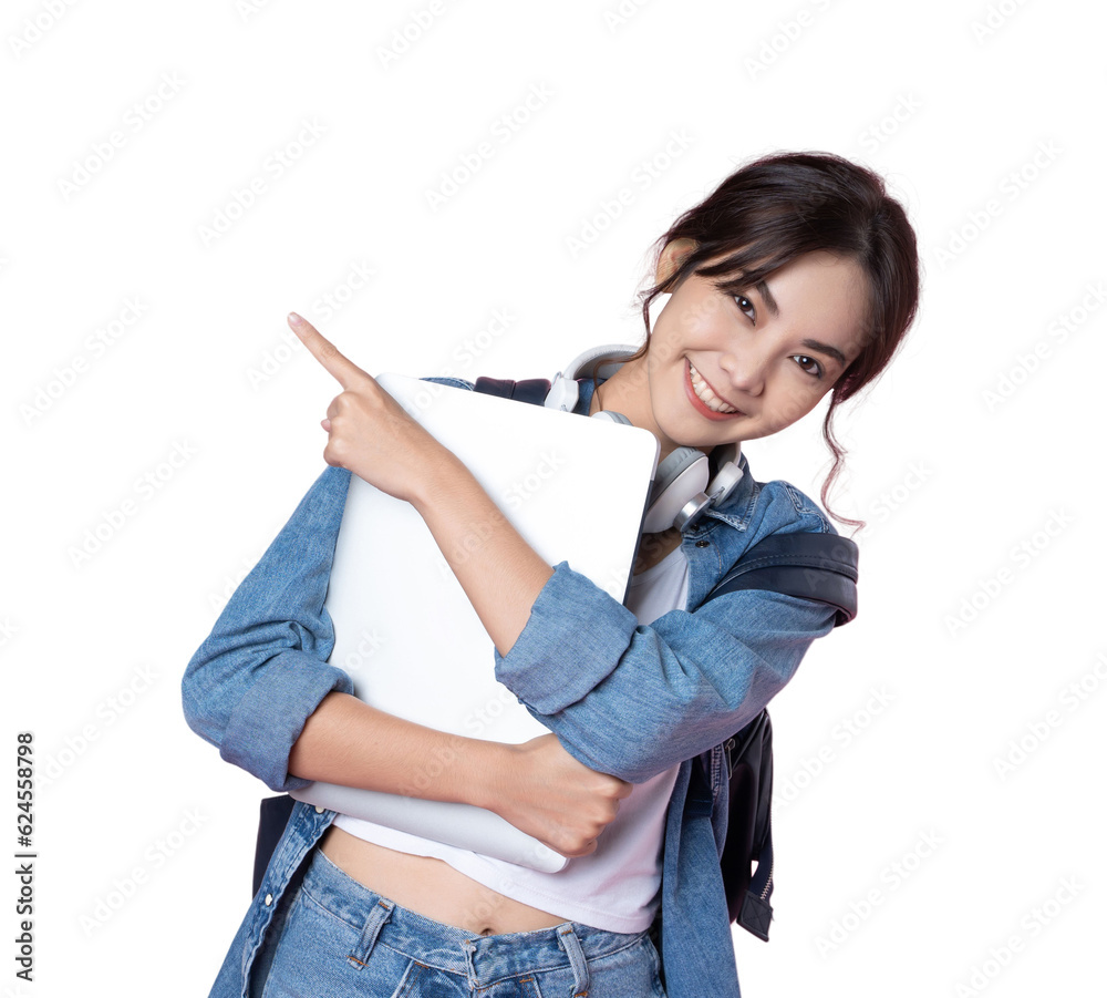 Young Asian woman texting message using mobile phone application on isolated background