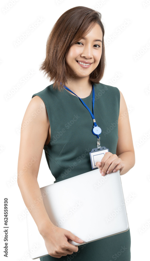 Portrait of young Asian business woman smiling and holding laptop white isolate background